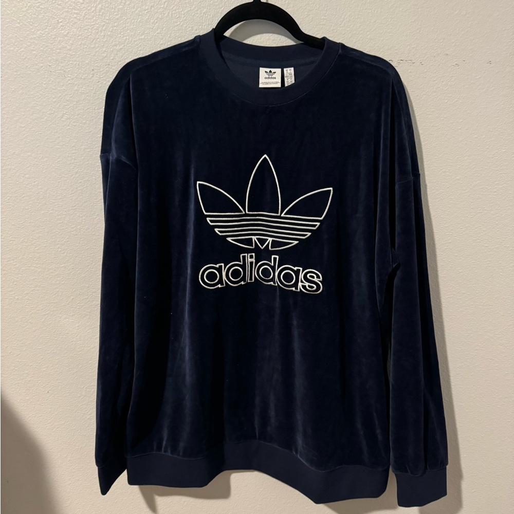 NWT!! Adidas Trefoil Blue Velour Pullover Sweater